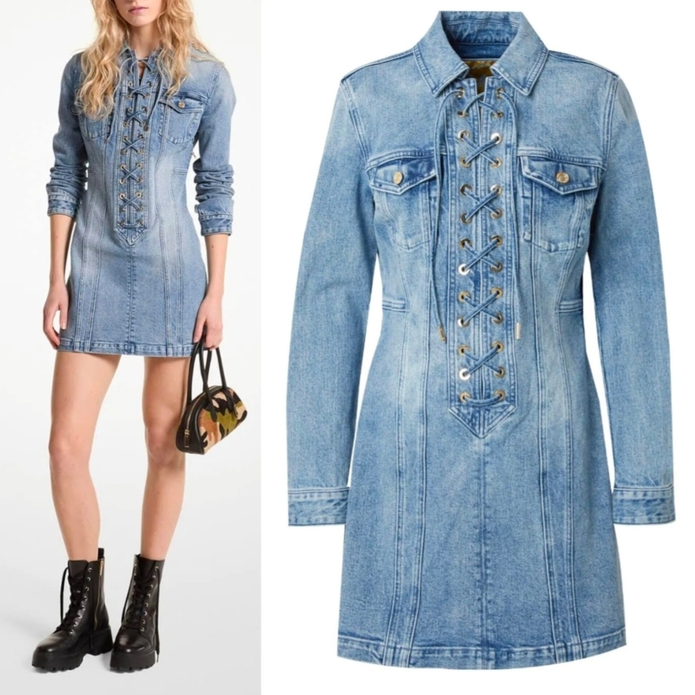 🔥Michael Kors Stretch Denim Mini Dress with Rich Gold Buttons